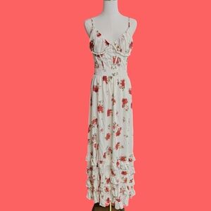 Floral Ruffle Maxi Dress - White and Red
